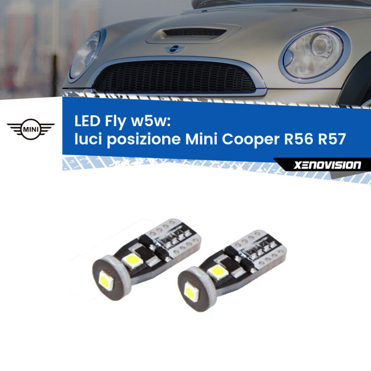 <strong>luci posizione LED per Mini Cooper</strong> R56 R57 2006-2013. Coppia lampadine <strong>w5w</strong> Canbus compatte modello Fly Xenovision.