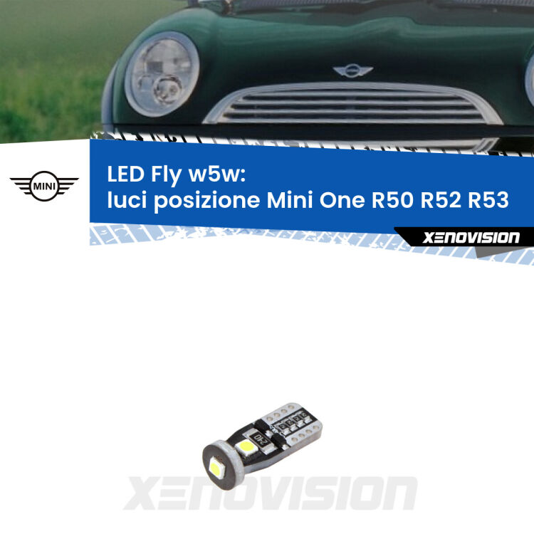 <strong>luci posizione LED per Mini One</strong> R50 R52 R53 2001-2006. Coppia lampadine <strong>w5w</strong> Canbus compatte modello Fly Xenovision.