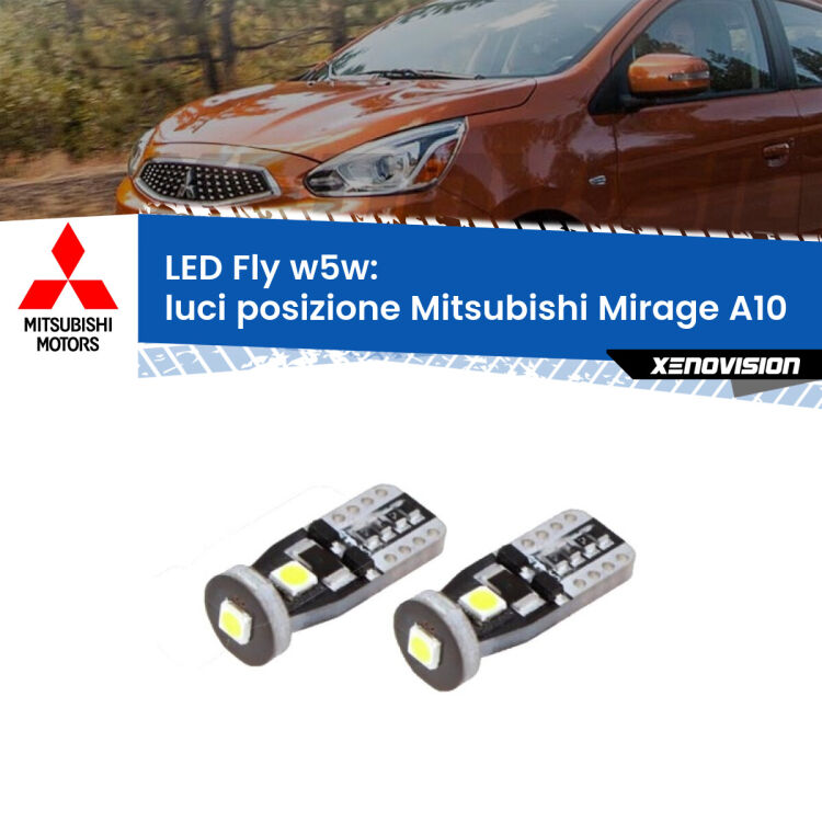 <strong>luci posizione LED per Mitsubishi Mirage</strong> A10 2013in poi. Coppia lampadine <strong>w5w</strong> Canbus compatte modello Fly Xenovision.