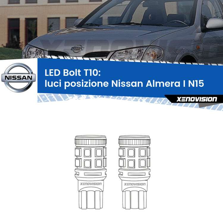 <strong>Luci posizione LED per Nissan Almera I</strong> N15 1995-2000. Coppia lampade <strong>T10</strong> modello Bolt canbus.