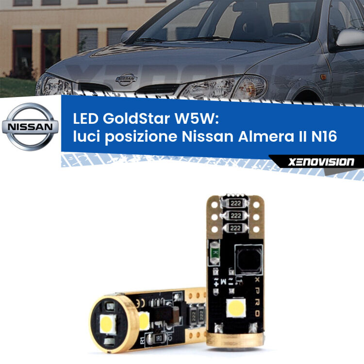 <strong>Luci posizione LED Nissan Almera II</strong> N16 2000-2006: ottima luminosità a 360 gradi. Si inseriscono ovunque. Canbus, Top Quality.