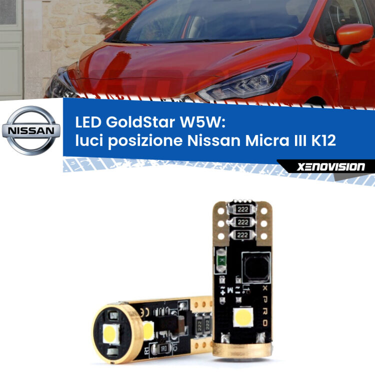 <strong>Luci posizione LED Nissan Micra III</strong> K12 2002-2010: ottima luminosità a 360 gradi. Si inseriscono ovunque. Canbus, Top Quality.