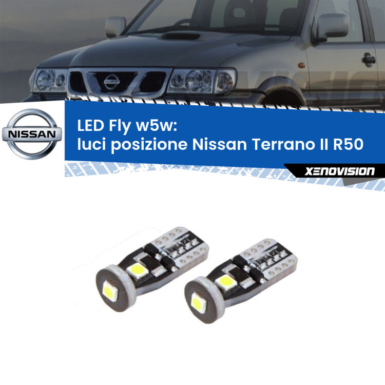 <strong>luci posizione LED per Nissan Terrano II</strong> R50 1997-2004. Coppia lampadine <strong>w5w</strong> Canbus compatte modello Fly Xenovision.