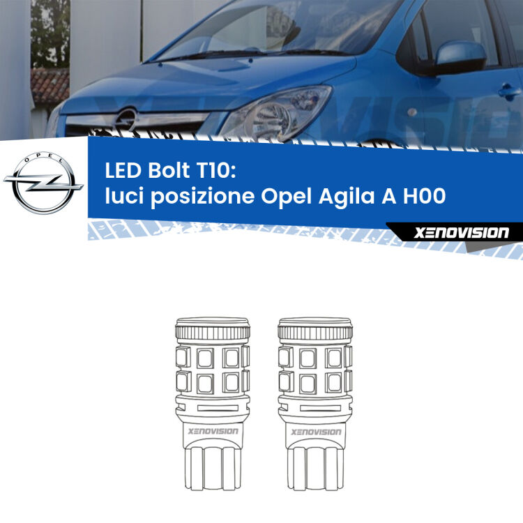 <strong>Luci posizione LED per Opel Agila A</strong> H00 2000-2007. Coppia lampade <strong>T10</strong> modello Bolt canbus.