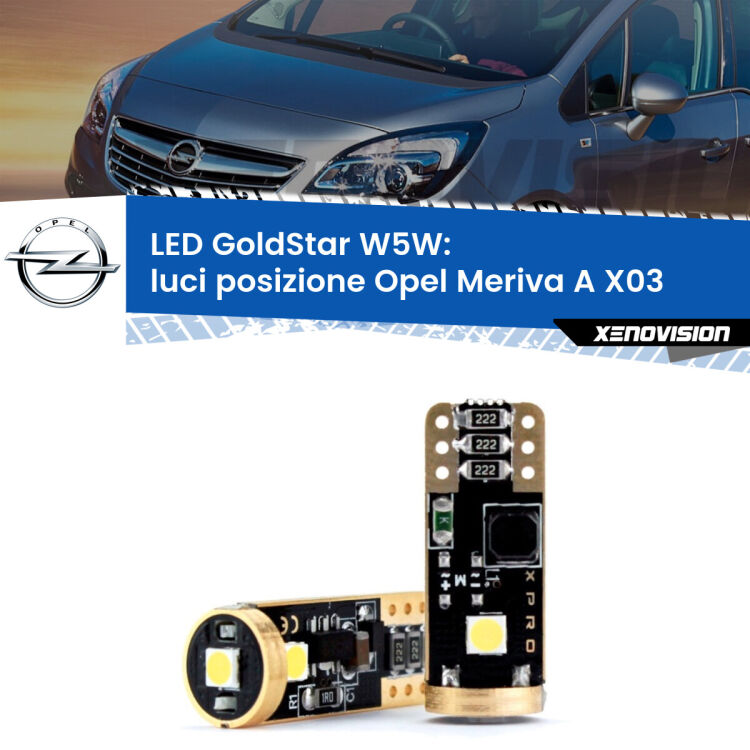 <strong>Luci posizione LED Opel Meriva A</strong> X03 2003-2010: ottima luminosità a 360 gradi. Si inseriscono ovunque. Canbus, Top Quality.