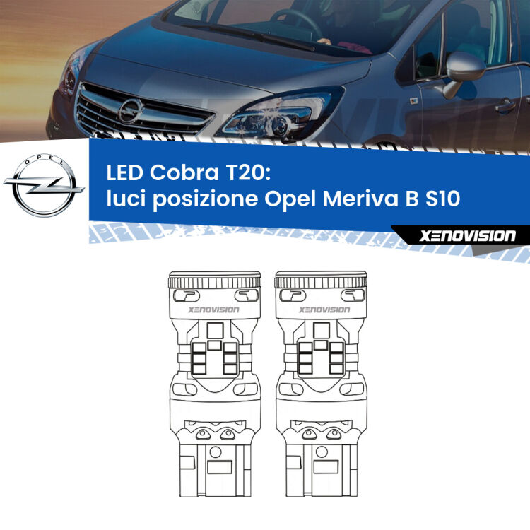 <strong>Luci posizione LED no-spie per Opel Meriva B</strong> S10 2010-2017. Coppia lampade <strong>T20</strong> modello Cobra super-canbus, raffreddate a ventola.