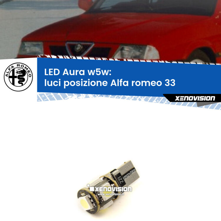 <strong>LED luci posizione w5w per Alfa romeo 33</strong>  1990-1994. Una lampadina <strong>w5w</strong> canbus luce bianca 6000k modello Aura Xenovision.