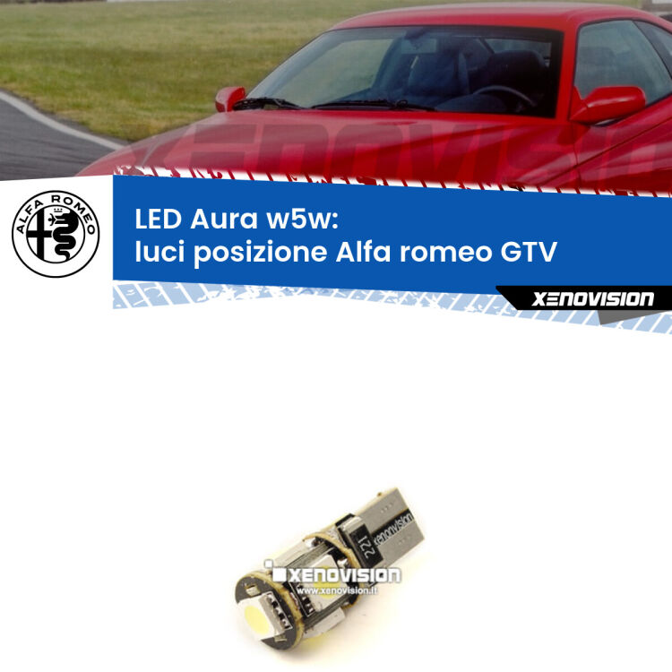 <strong>LED luci posizione w5w per Alfa romeo GTV</strong>  1995-2005. Una lampadina <strong>w5w</strong> canbus luce bianca 6000k modello Aura Xenovision.