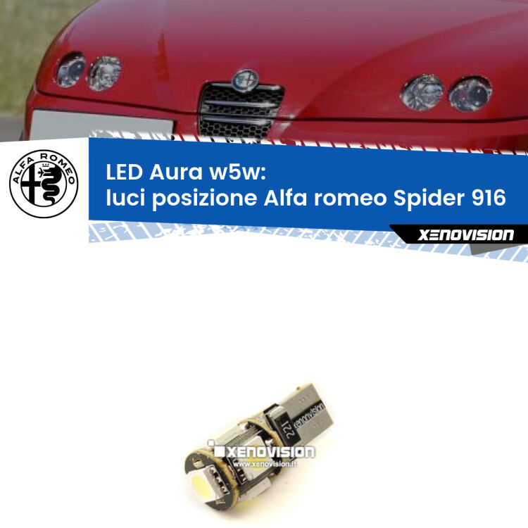 <strong>LED luci posizione w5w per Alfa romeo Spider</strong> 916 1995-2005. Una lampadina <strong>w5w</strong> canbus luce bianca 6000k modello Aura Xenovision.