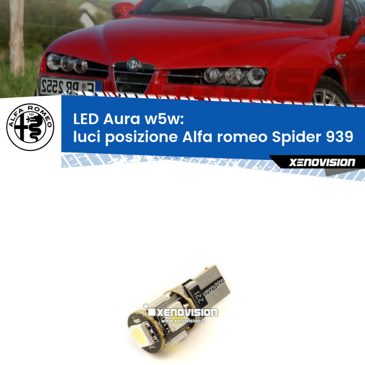 <strong>LED luci posizione w5w per Alfa romeo Spider</strong> 939 2006-2010. Una lampadina <strong>w5w</strong> canbus luce bianca 6000k modello Aura Xenovision.