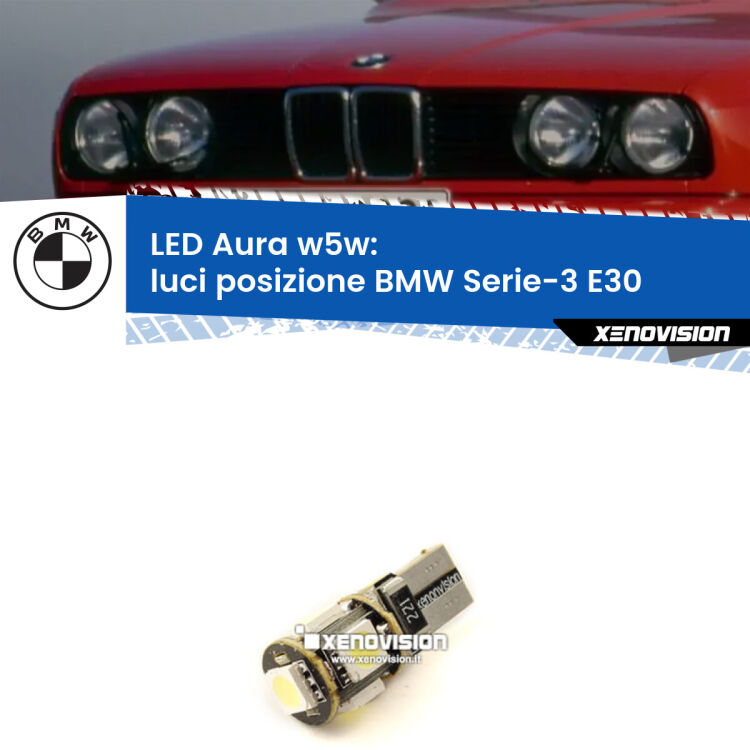 <strong>LED luci posizione w5w per BMW Serie-3</strong> E30 Versione 1. Una lampadina <strong>w5w</strong> canbus luce bianca 6000k modello Aura Xenovision.