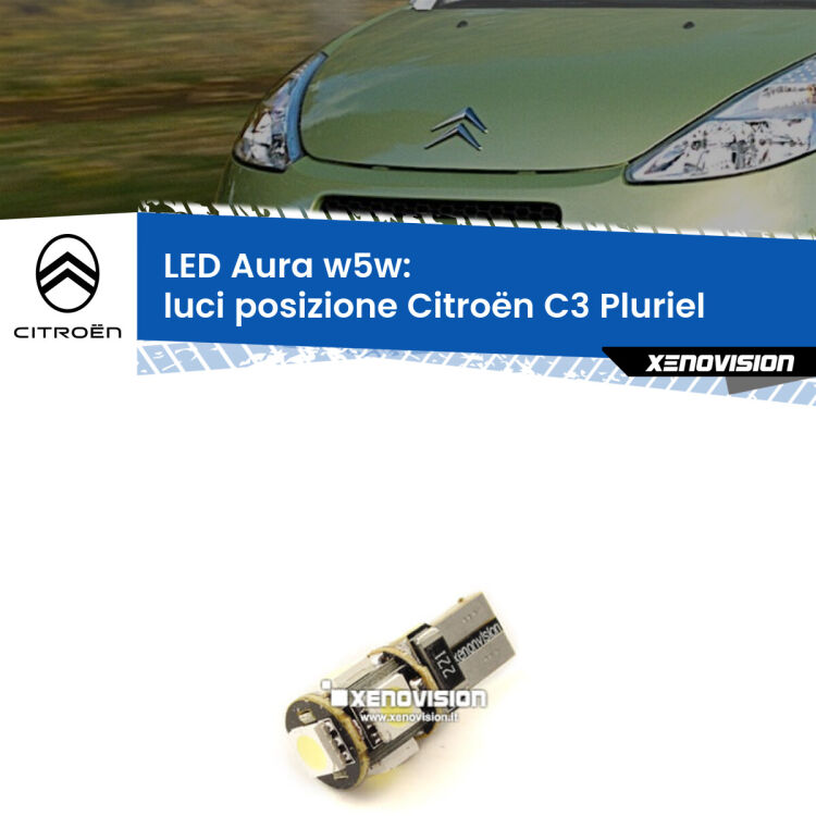 <strong>LED luci posizione w5w per Citroën C3 Pluriel</strong>  2003-2010. Una lampadina <strong>w5w</strong> canbus luce bianca 6000k modello Aura Xenovision.