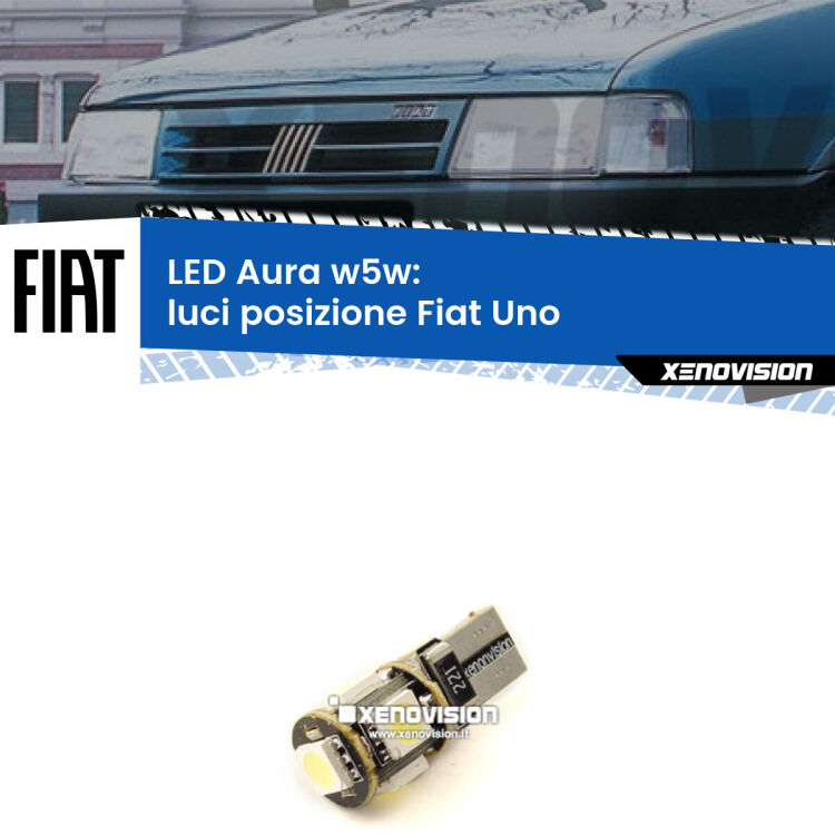 <strong>LED luci posizione w5w per Fiat Uno</strong>  1983-1995. Una lampadina <strong>w5w</strong> canbus luce bianca 6000k modello Aura Xenovision.