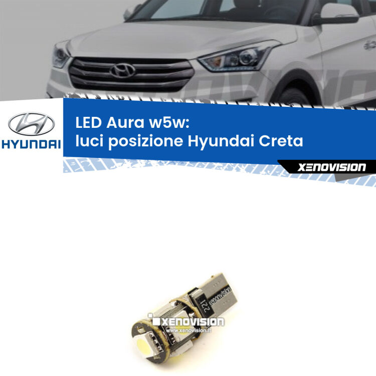 <strong>LED luci posizione w5w per Hyundai Creta</strong>  prima serie. Una lampadina <strong>w5w</strong> canbus luce bianca 6000k modello Aura Xenovision.