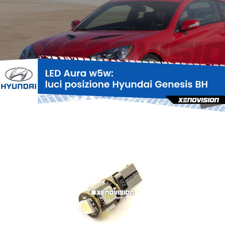 <strong>LED luci posizione w5w per Hyundai Genesis</strong> BH 2008-2014. Una lampadina <strong>w5w</strong> canbus luce bianca 6000k modello Aura Xenovision.