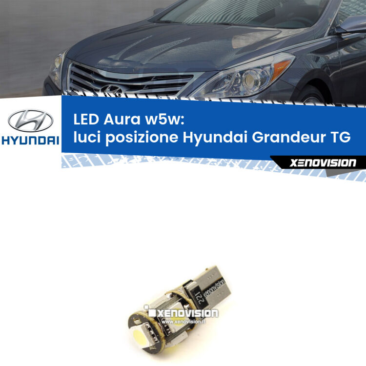 <strong>LED luci posizione w5w per Hyundai Grandeur</strong> TG 2005-2011. Una lampadina <strong>w5w</strong> canbus luce bianca 6000k modello Aura Xenovision.