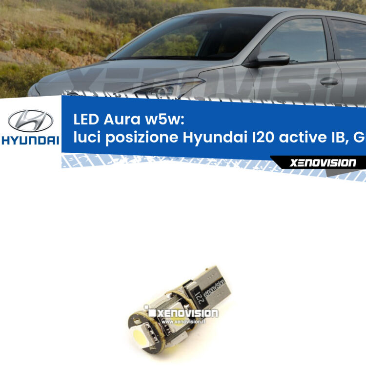 <strong>LED luci posizione w5w per Hyundai I20 active</strong> IB, GB a parabola singola. Una lampadina <strong>w5w</strong> canbus luce bianca 6000k modello Aura Xenovision.