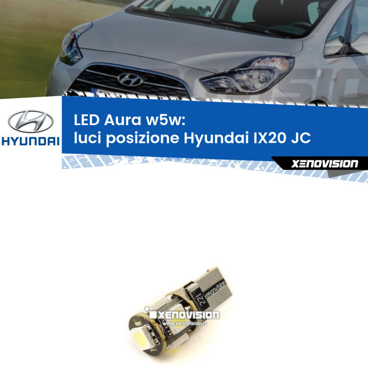 <strong>LED luci posizione w5w per Hyundai IX20</strong> JC 2010in poi. Una lampadina <strong>w5w</strong> canbus luce bianca 6000k modello Aura Xenovision.