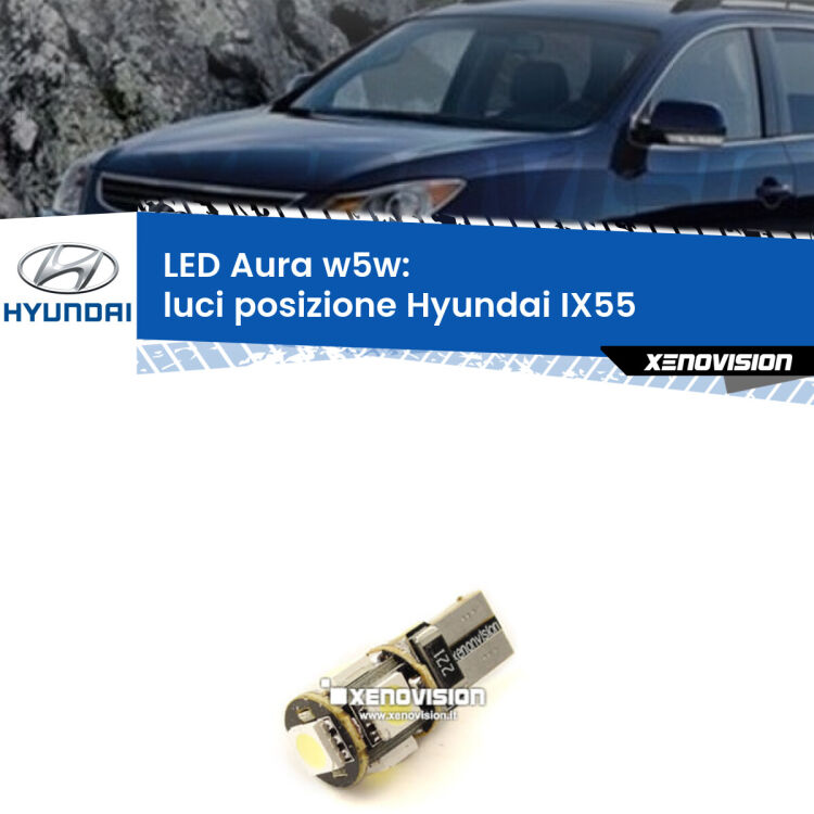 <strong>LED luci posizione w5w per Hyundai IX55</strong>  2008-2012. Una lampadina <strong>w5w</strong> canbus luce bianca 6000k modello Aura Xenovision.