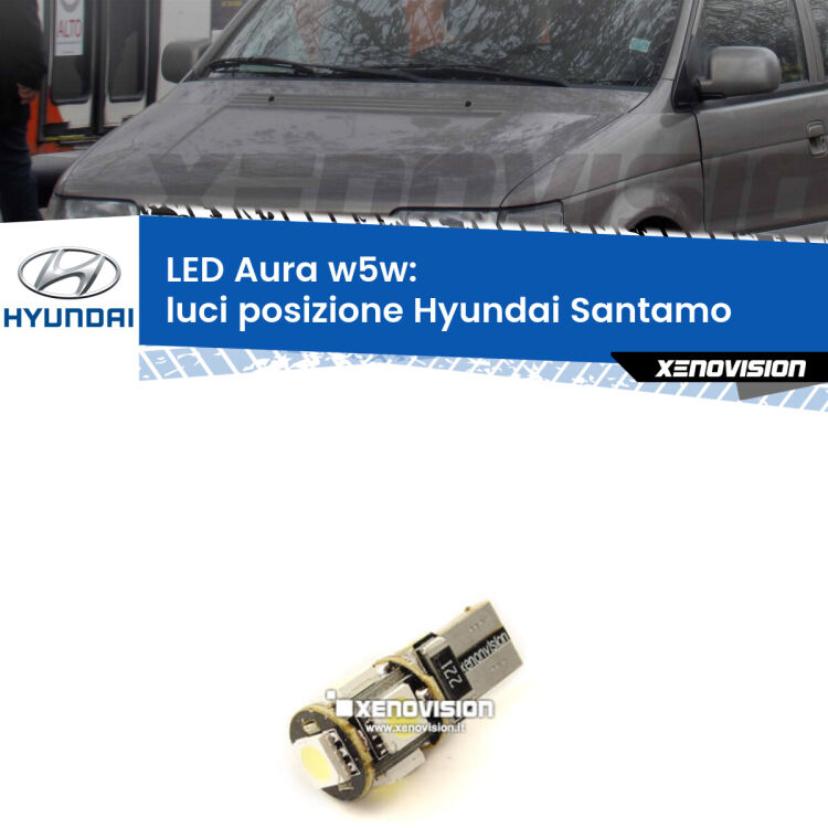 <strong>LED luci posizione w5w per Hyundai Santamo</strong>  1998-2002. Una lampadina <strong>w5w</strong> canbus luce bianca 6000k modello Aura Xenovision.