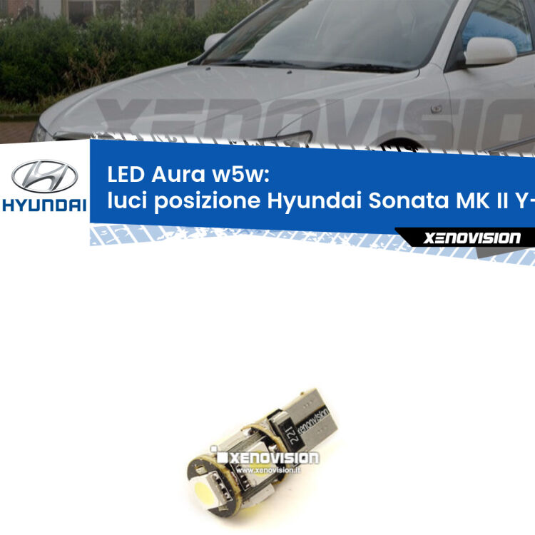 <strong>LED luci posizione w5w per Hyundai Sonata MK II</strong> Y-3 1993-1998. Una lampadina <strong>w5w</strong> canbus luce bianca 6000k modello Aura Xenovision.