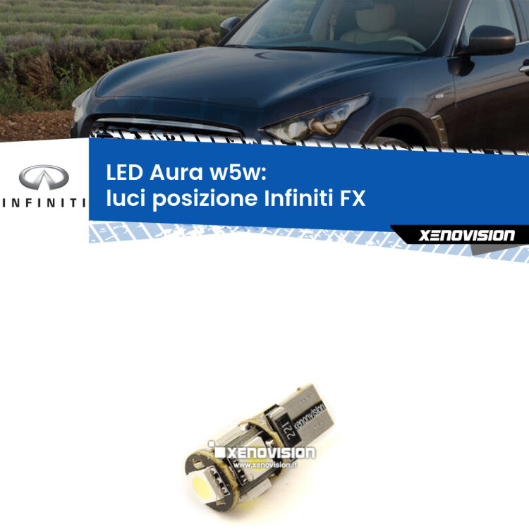 <strong>LED luci posizione w5w per Infiniti FX</strong>  2003-2008. Una lampadina <strong>w5w</strong> canbus luce bianca 6000k modello Aura Xenovision.