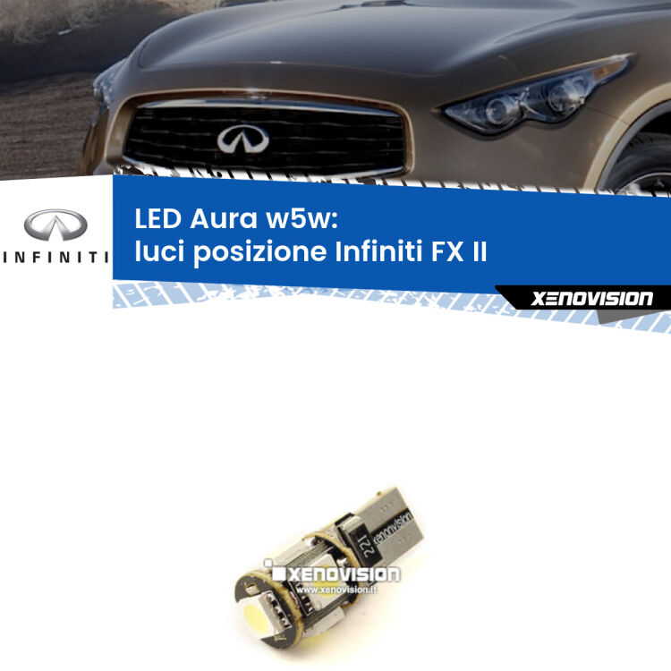 <strong>LED luci posizione w5w per Infiniti FX</strong> II 2008-2013. Una lampadina <strong>w5w</strong> canbus luce bianca 6000k modello Aura Xenovision.