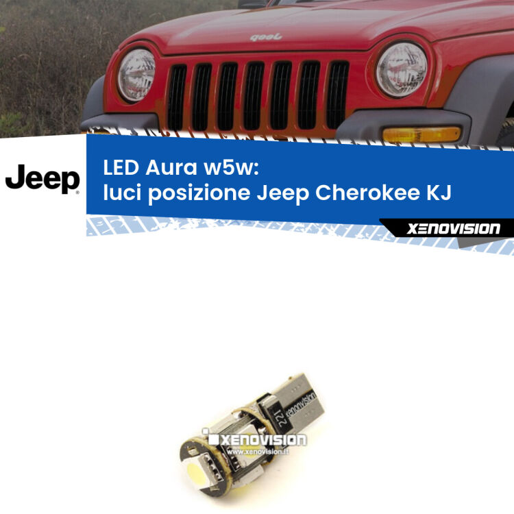 <strong>LED luci posizione w5w per Jeep Cherokee</strong> KJ 2002-2007. Una lampadina <strong>w5w</strong> canbus luce bianca 6000k modello Aura Xenovision.