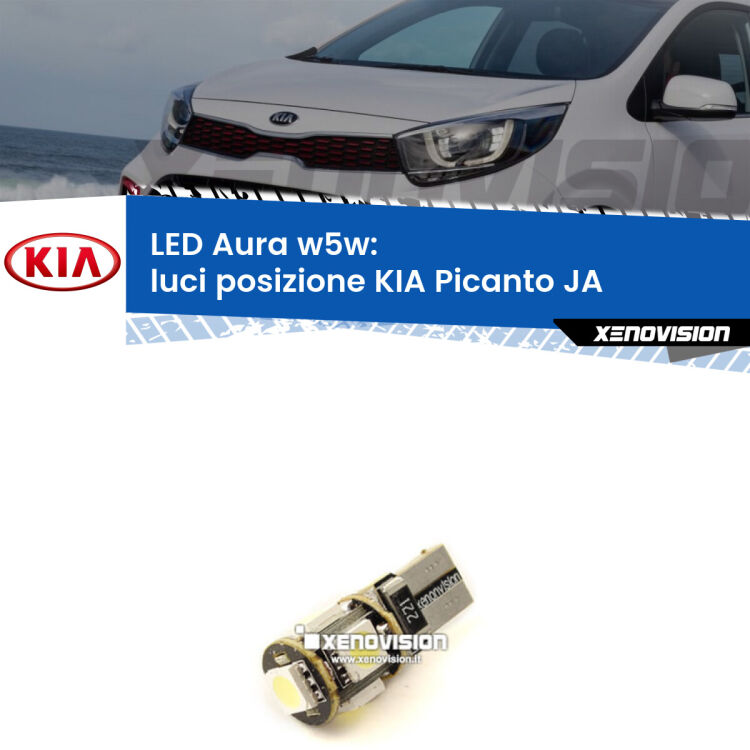 <strong>LED luci posizione w5w per KIA Picanto</strong> JA a parabola singola. Una lampadina <strong>w5w</strong> canbus luce bianca 6000k modello Aura Xenovision.