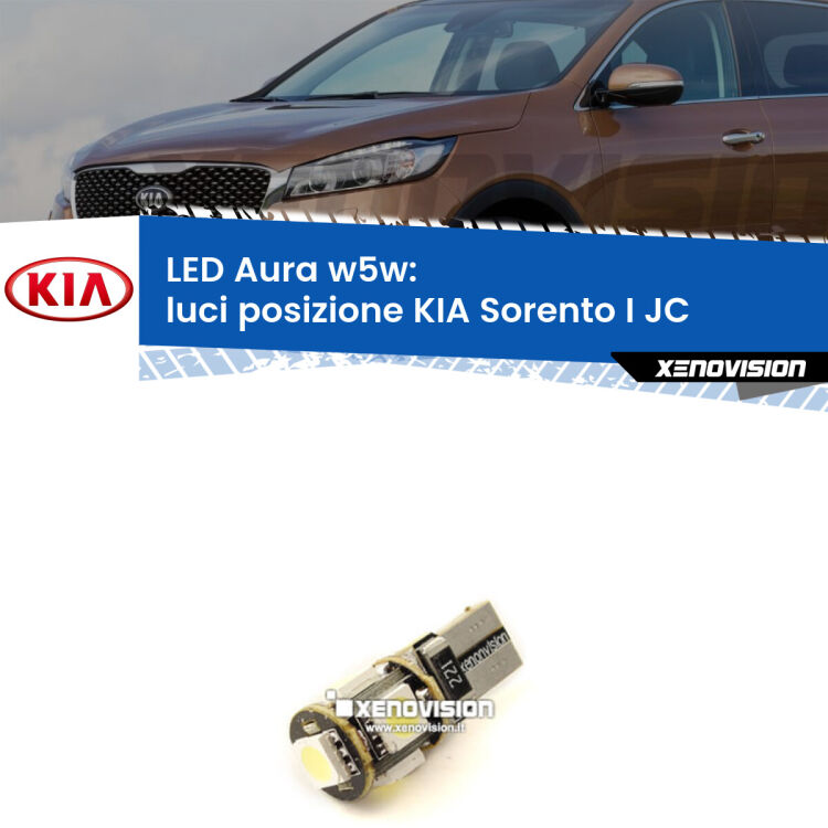 <strong>LED luci posizione w5w per KIA Sorento I</strong> JC 2002-2008. Una lampadina <strong>w5w</strong> canbus luce bianca 6000k modello Aura Xenovision.