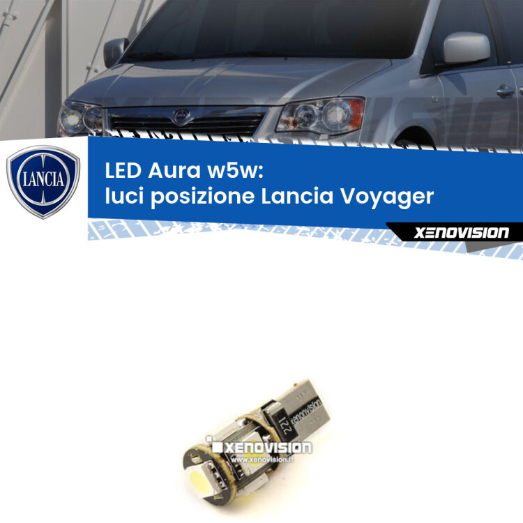 <strong>LED luci posizione w5w per Lancia Voyager</strong>  2011-2014. Una lampadina <strong>w5w</strong> canbus luce bianca 6000k modello Aura Xenovision.