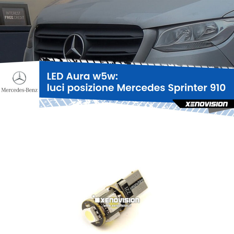 <strong>LED luci posizione w5w per Mercedes Sprinter</strong> 910 2018in poi. Una lampadina <strong>w5w</strong> canbus luce bianca 6000k modello Aura Xenovision.