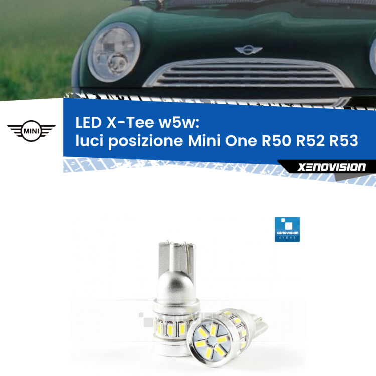 <strong>LED luci posizione per Mini One</strong> R50 R52 R53 2001-2006. Lampade <strong>W5W</strong> modello X-Tee Xenovision top di gamma.