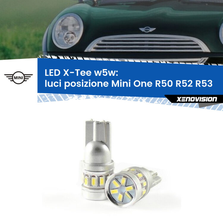 <strong>LED luci posizione per Mini One</strong> R50 R52 R53 2001-2006. Lampade <strong>W5W</strong> modello X-Tee Xenovision top di gamma.