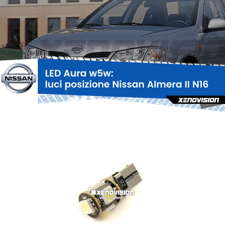 <strong>LED luci posizione w5w per Nissan Almera II</strong> N16 2000-2006. Una lampadina <strong>w5w</strong> canbus luce bianca 6000k modello Aura Xenovision.