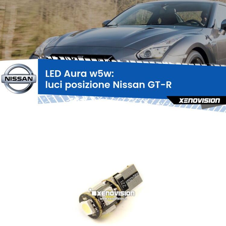 <strong>LED luci posizione w5w per Nissan GT-R</strong>  2007in poi. Una lampadina <strong>w5w</strong> canbus luce bianca 6000k modello Aura Xenovision.