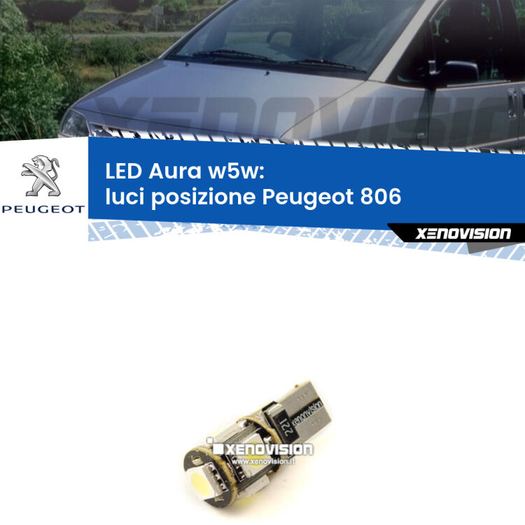 <strong>LED luci posizione w5w per Peugeot 806</strong>  1994-2002. Una lampadina <strong>w5w</strong> canbus luce bianca 6000k modello Aura Xenovision.