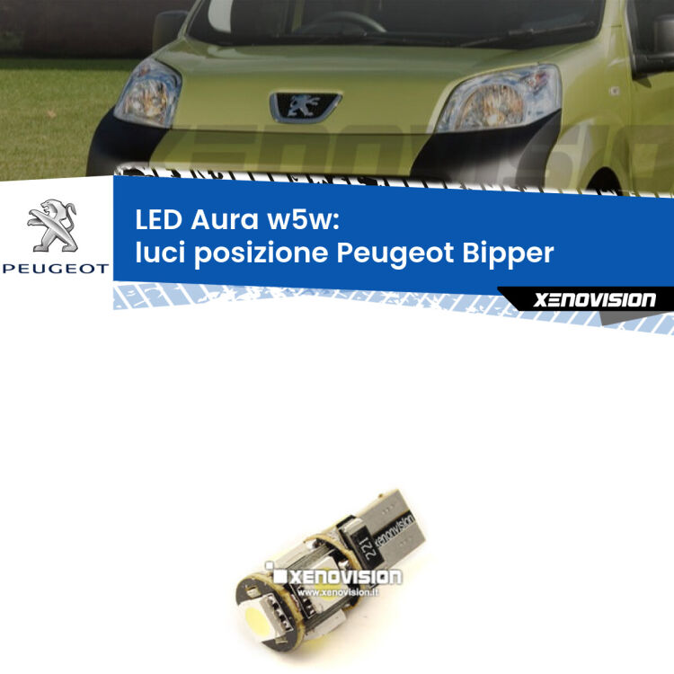 <strong>LED luci posizione w5w per Peugeot Bipper</strong>  2008in poi. Una lampadina <strong>w5w</strong> canbus luce bianca 6000k modello Aura Xenovision.