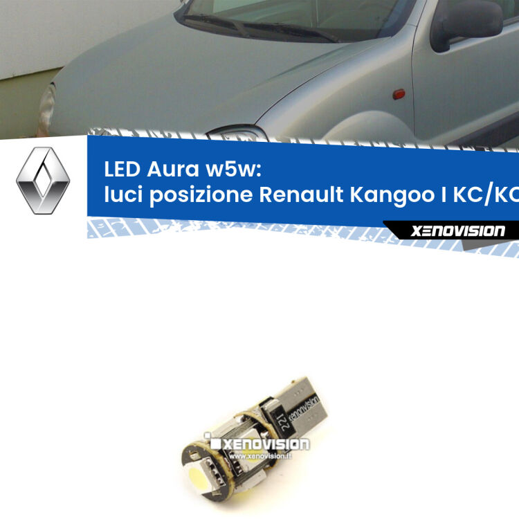 <strong>LED luci posizione w5w per Renault Kangoo I</strong> KC/KC 1997-2006. Una lampadina <strong>w5w</strong> canbus luce bianca 6000k modello Aura Xenovision.