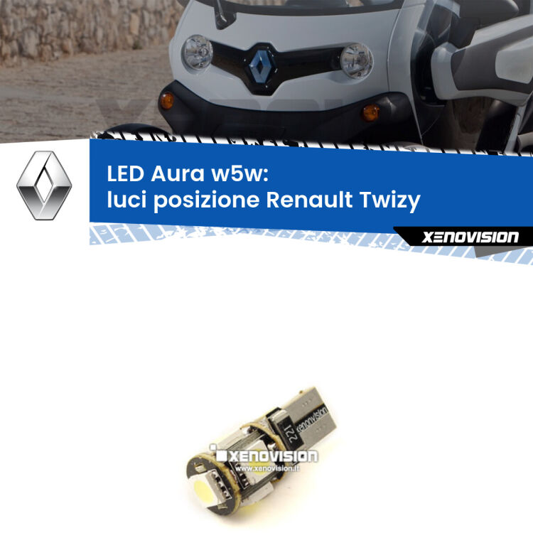 <strong>LED luci posizione w5w per Renault Twizy</strong>  2012in poi. Una lampadina <strong>w5w</strong> canbus luce bianca 6000k modello Aura Xenovision.