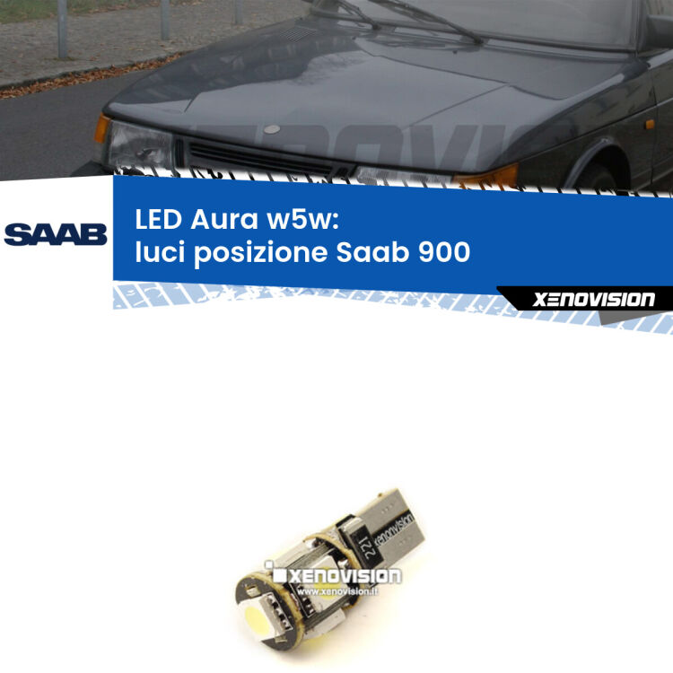 <strong>LED luci posizione w5w per Saab 900</strong>  1993-1998. Una lampadina <strong>w5w</strong> canbus luce bianca 6000k modello Aura Xenovision.