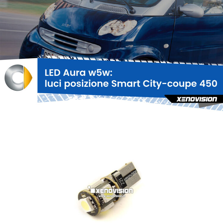 <strong>LED luci posizione w5w per Smart City-coupe</strong> 450 1998-2004. Una lampadina <strong>w5w</strong> canbus luce bianca 6000k modello Aura Xenovision.