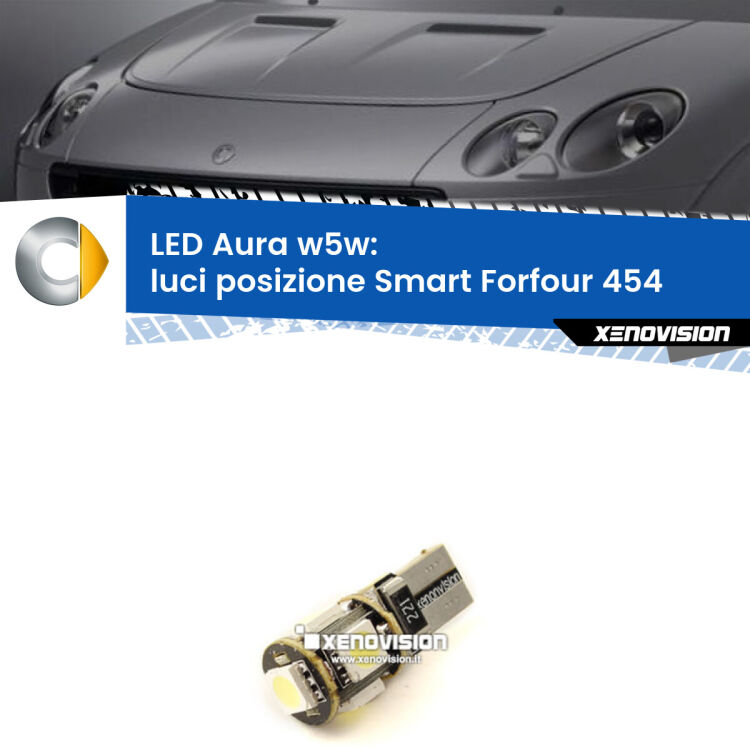 <strong>LED luci posizione w5w per Smart Forfour</strong> 454 2004-2006. Una lampadina <strong>w5w</strong> canbus luce bianca 6000k modello Aura Xenovision.