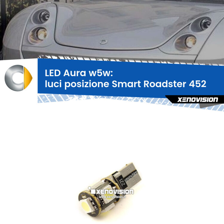 <strong>LED luci posizione w5w per Smart Roadster</strong> 452 2003-2005. Una lampadina <strong>w5w</strong> canbus luce bianca 6000k modello Aura Xenovision.