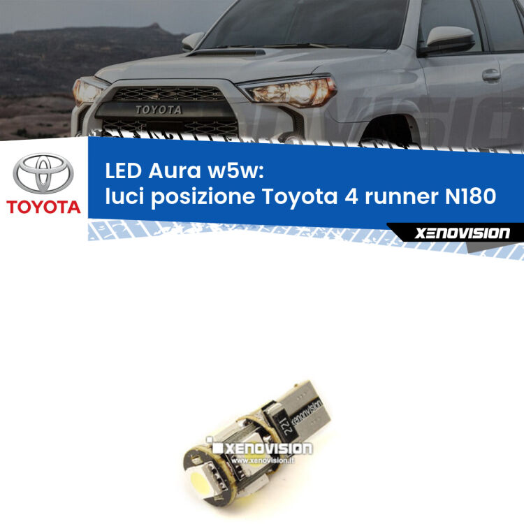 <strong>LED luci posizione w5w per Toyota 4 runner</strong> N180 1995-2002. Una lampadina <strong>w5w</strong> canbus luce bianca 6000k modello Aura Xenovision.