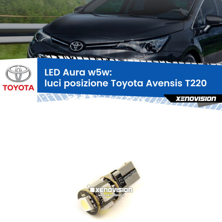 <strong>LED luci posizione w5w per Toyota Avensis</strong> T220 1997-2003. Una lampadina <strong>w5w</strong> canbus luce bianca 6000k modello Aura Xenovision.