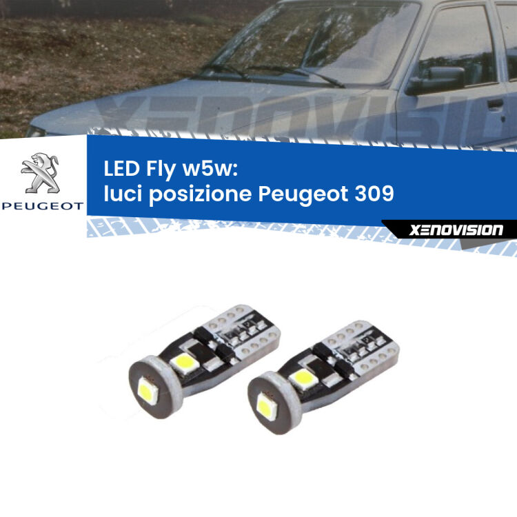 <strong>luci posizione LED per Peugeot 309</strong>  1989-1993. Coppia lampadine <strong>w5w</strong> Canbus compatte modello Fly Xenovision.