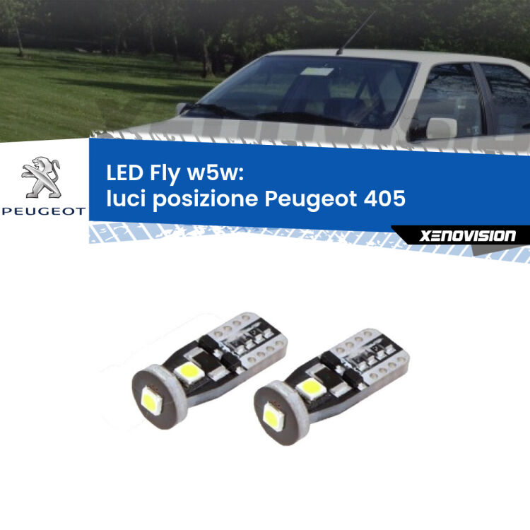 <strong>luci posizione LED per Peugeot 405</strong>  1987-1997. Coppia lampadine <strong>w5w</strong> Canbus compatte modello Fly Xenovision.