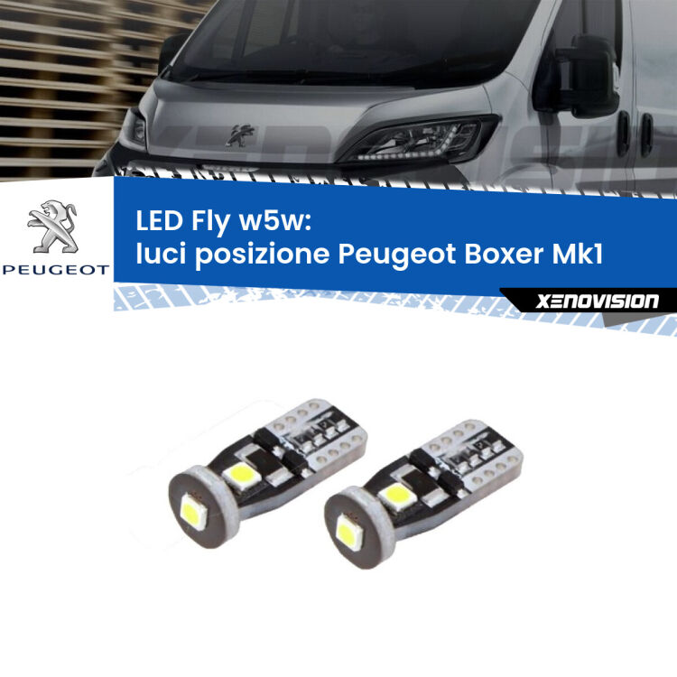 <strong>luci posizione LED per Peugeot Boxer</strong> Mk1 1994-2002. Coppia lampadine <strong>w5w</strong> Canbus compatte modello Fly Xenovision.