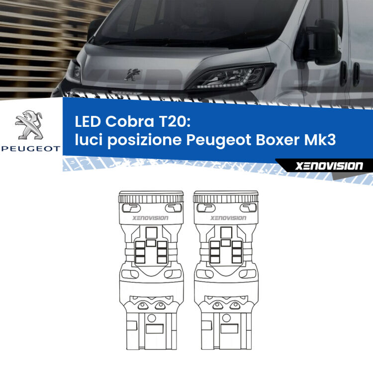 <strong>Luci posizione LED no-spie per Peugeot Boxer</strong> Mk3 2014in poi. Coppia lampade <strong>T20</strong> modello Cobra super-canbus, raffreddate a ventola.